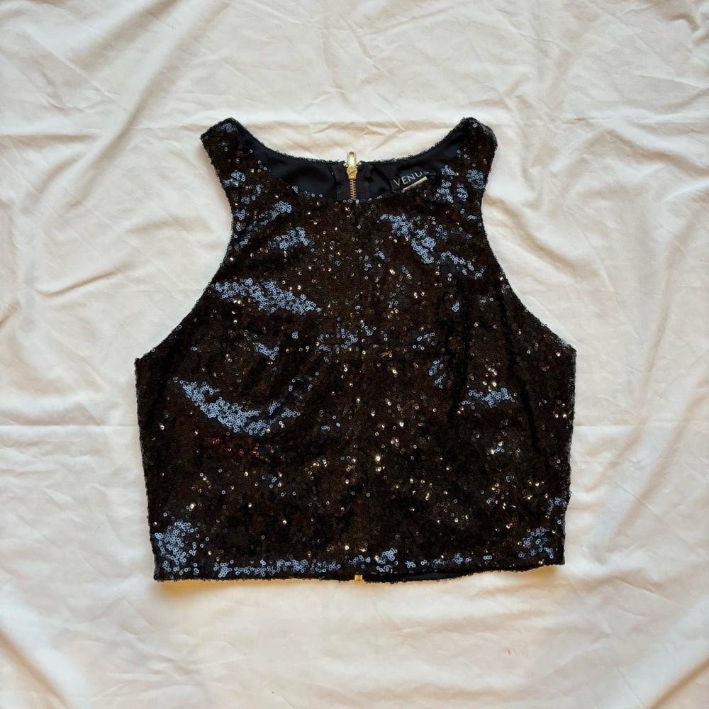 venus Black sequin halter tank top crop top with a zipper in the back bead